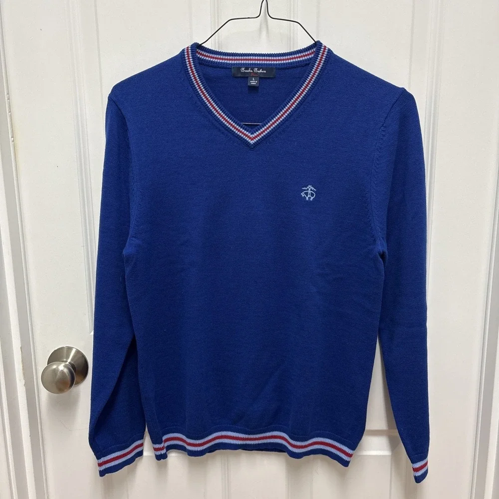 Brooks Brothers Fleece Men's Slim Blue 100%‎ Cotton Pullover V-Neck Sweater - L